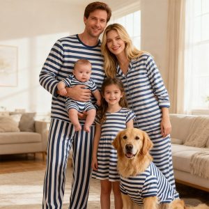 2025 Unisex Soft Striped Button Bamboo Christmas Pajamas Outfits Long Sleeve Parent-child Home Wear Turn-down Collar Winter