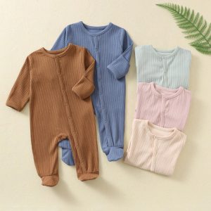 Winter Toddler Rompers Baby Zippered Footie Pajamas Jumpsuit Bodysuits Plain Baby Ribbed Rompers Premature Baby Clothes