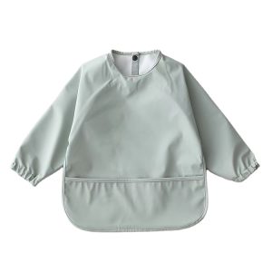 Waterproof Baby Toddler Long Sleeved Smock PU Bib Button Feeding PU Bib OEM Service 100% Polyester Printed Support for Baby