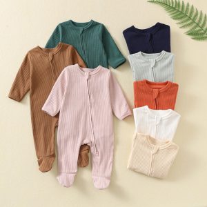 Hot Sale Custom Baby Clothing New Design Wholesale Soft Comfortable Winter Long Sleeve Zipper Footie Baby Ribbed Rompers