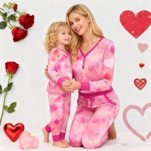 Designer Logo Printed Women Bamboo Soft Notch Collar Long Sleeve Sleepwear Button Down Family Pajamas Set