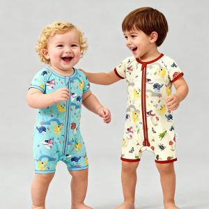 Custom Printing Summer Bamboo Baby Boys Girls Pajamas Toddlers Onesie Short Sleeve Newborn Baby Zip Sleepwear Rompers