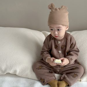 Customized Cotton Unisex Babies Romper Button Close Newborn Printed Waffle Jumpsuit Soft Long Sleeve Premature Baby Clothes