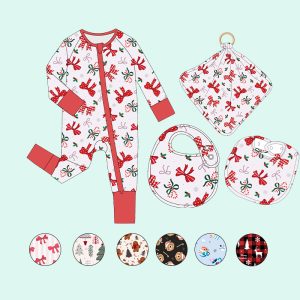Custom Christmas Comfortable 95% Bamboo 5% Spandex Cute Weiwei Long 4 Piece Romper for Baby Bibs and Lovey