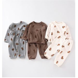 Factory Direct Jacquard Cartoon Pattern Babys Ribbed Romper Kids Home Wear Daily Clothing Waffle Baby Clothes Set