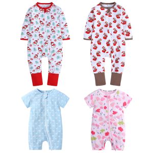 Baby Bamboo Pajamas Short Sleeve Bodysuit Baby Plaid Sleepsuit Zipper Newborn Baby Rompers